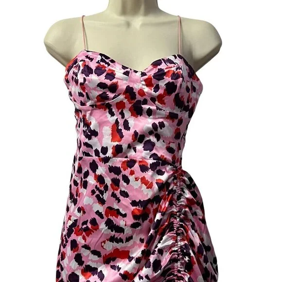 Asos Design Midi Dress Size 4 Satin Cami Pink Purple Leopard‎ Ruched Side Party - Picture 2 of 16